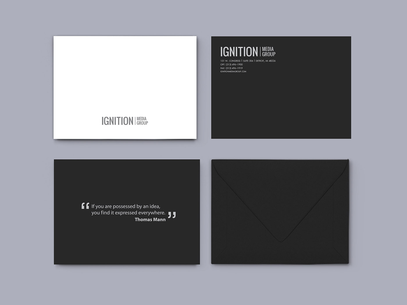 media marketing   agency boutique stationary letterhead business card envelope book package detroit Michigan type thomas mann minimalist