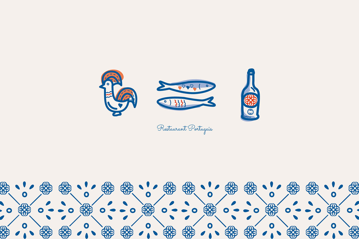 les icônes de Nova Onda, un coq, une sardine et une bouteille