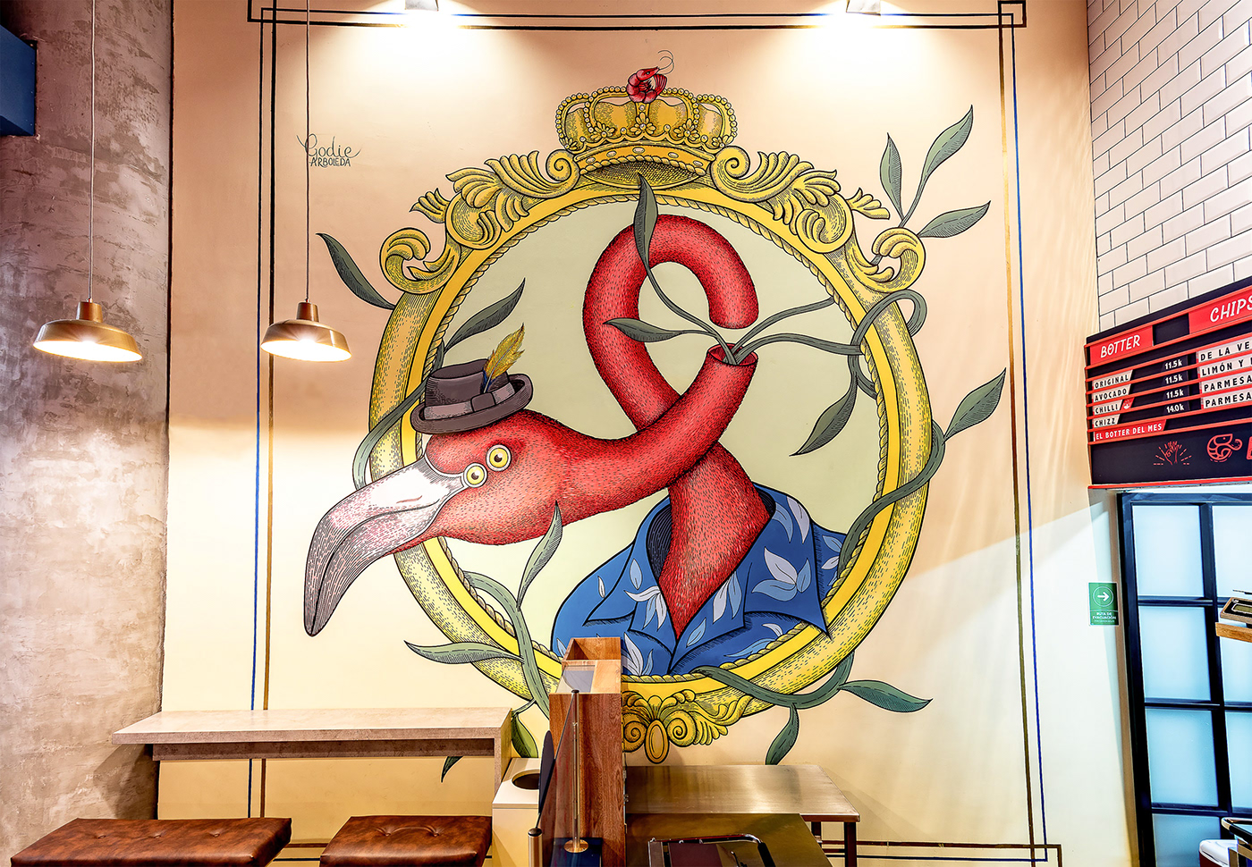 characterdesign painting   walpainting walldecor Mural Muralism interiordesign ILLUSTRATION  flamingo restaurantdecor