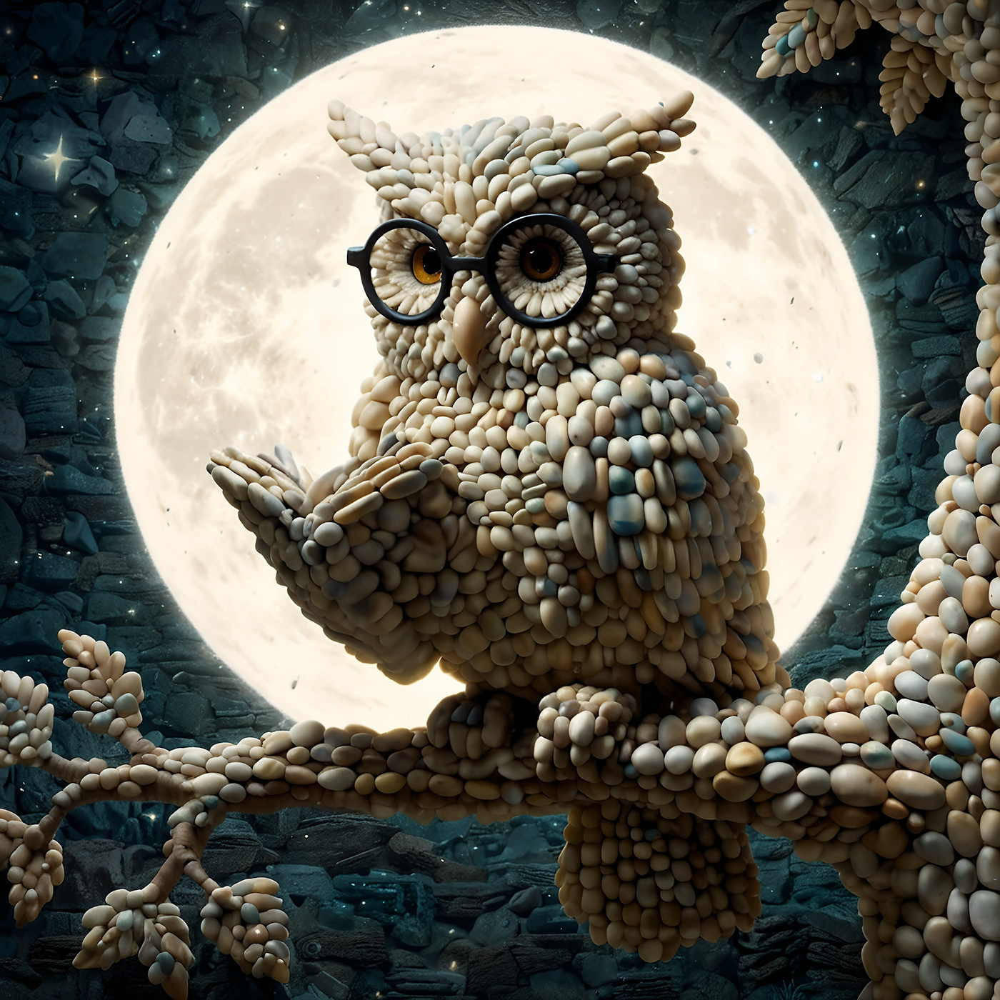 owl Digital Art  statue ai generated art made of pebbles wise owl