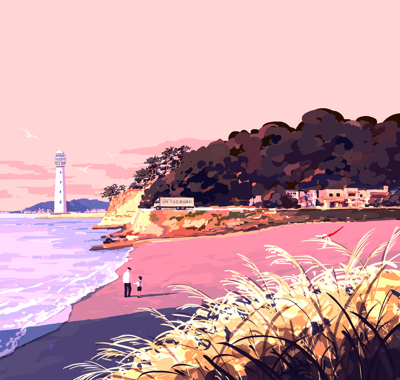 autumn beach Landscape lighthouse Nature nostalgic pink sea Seaside sunset