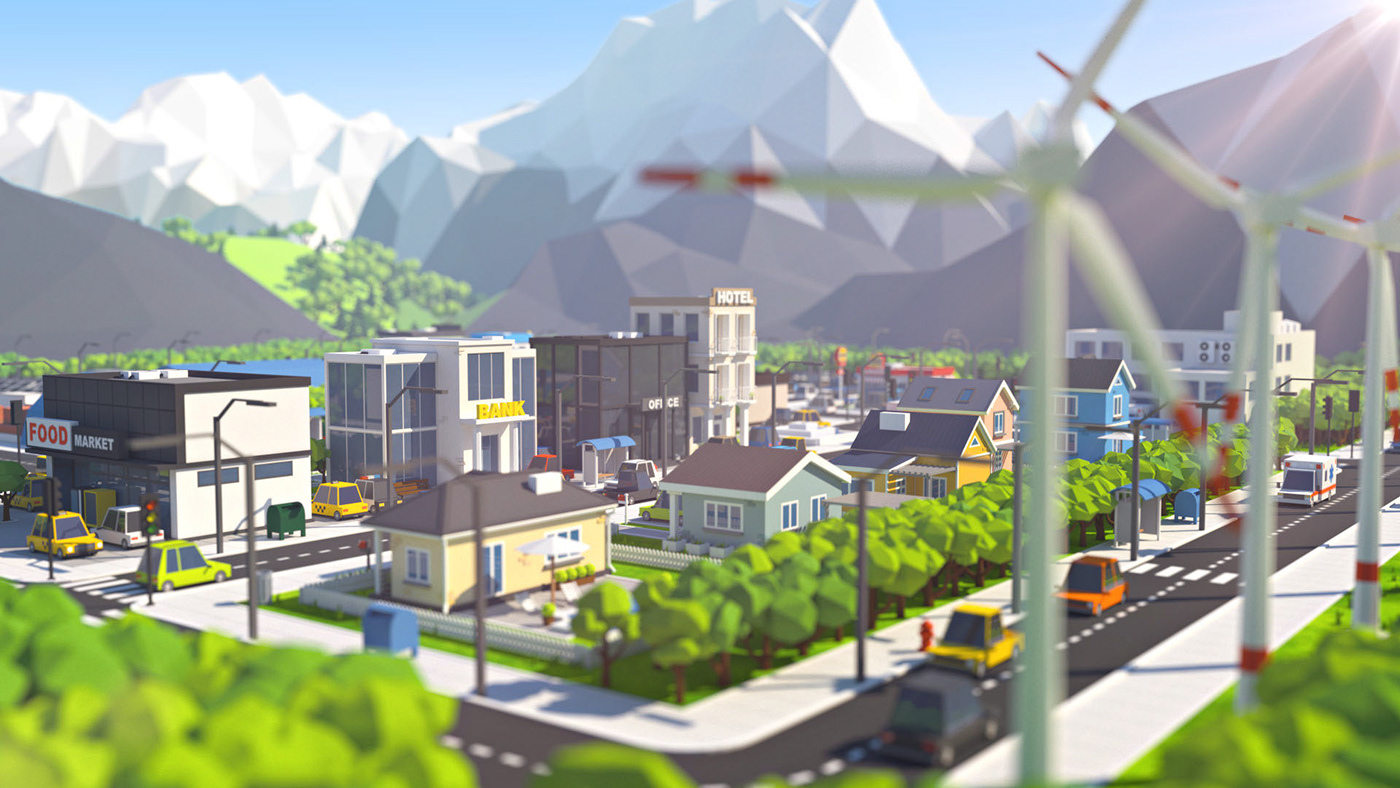 Isometric city town building Street cartoon game car 3D lowpoly