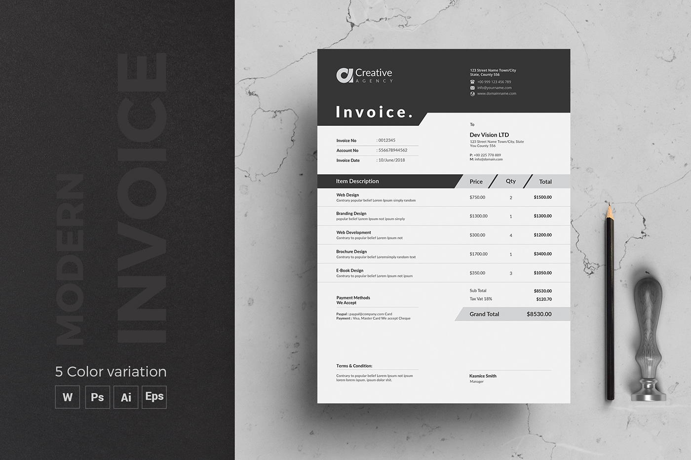 modern invoice elegant invoice automatic bill business clean invoice creative Excel InDesign