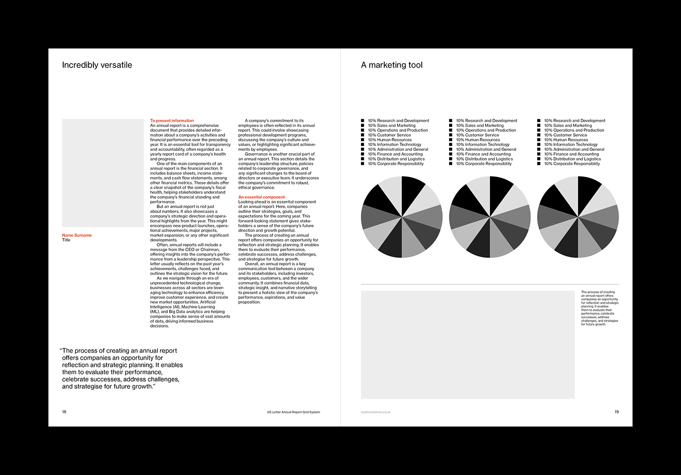 US Letter Annual Report / Corporate Brochure Grid System for Adobe InDesign | Layout Spread Examples