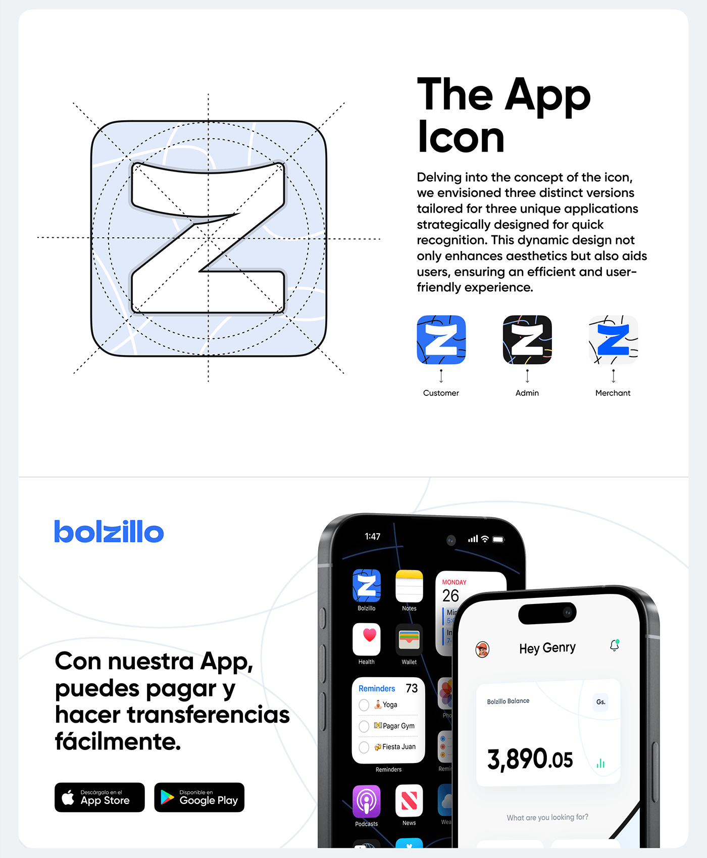Bolzillo app icon anatomy: adjusted symbol's proportions, shapes, spaces, and color variations; app 
