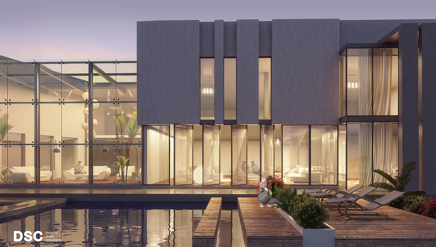 contemporary curtain design Landscape Minimalism modern Oman Outdoor Villa visualisation