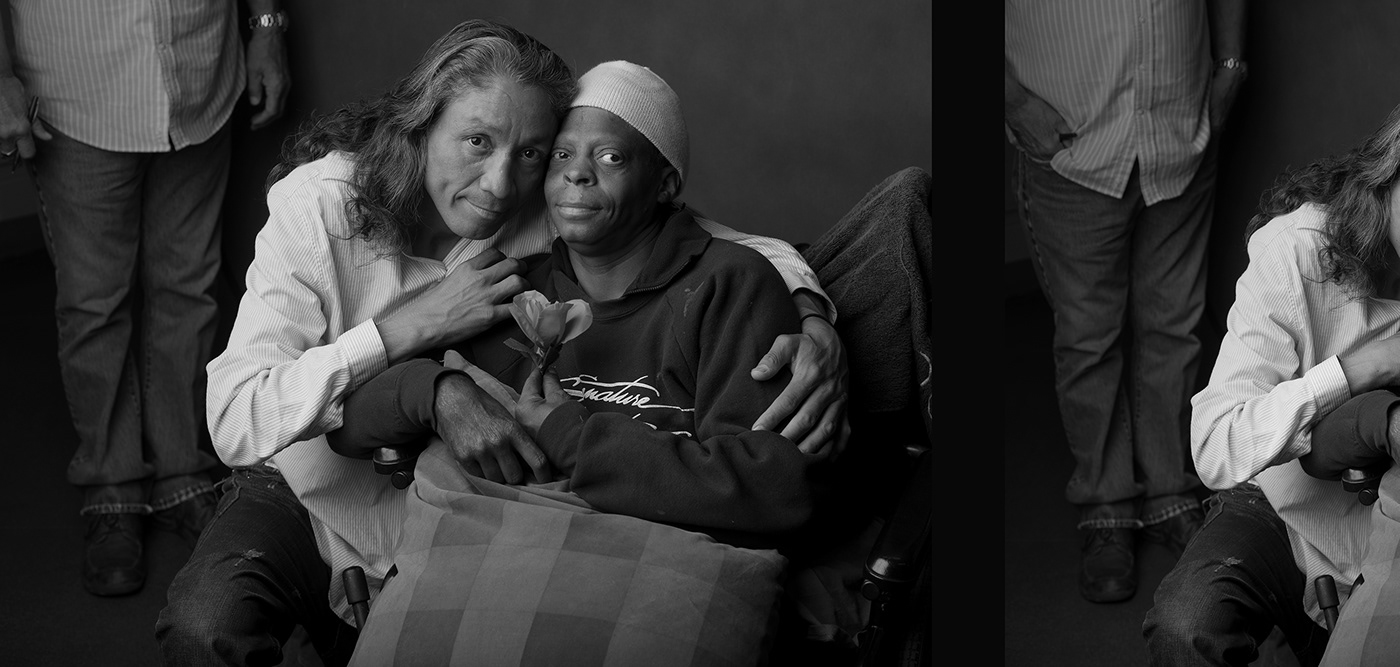 Beautiful Black and White Portrait of African American homeless woman and Latino man. US Citizens.  