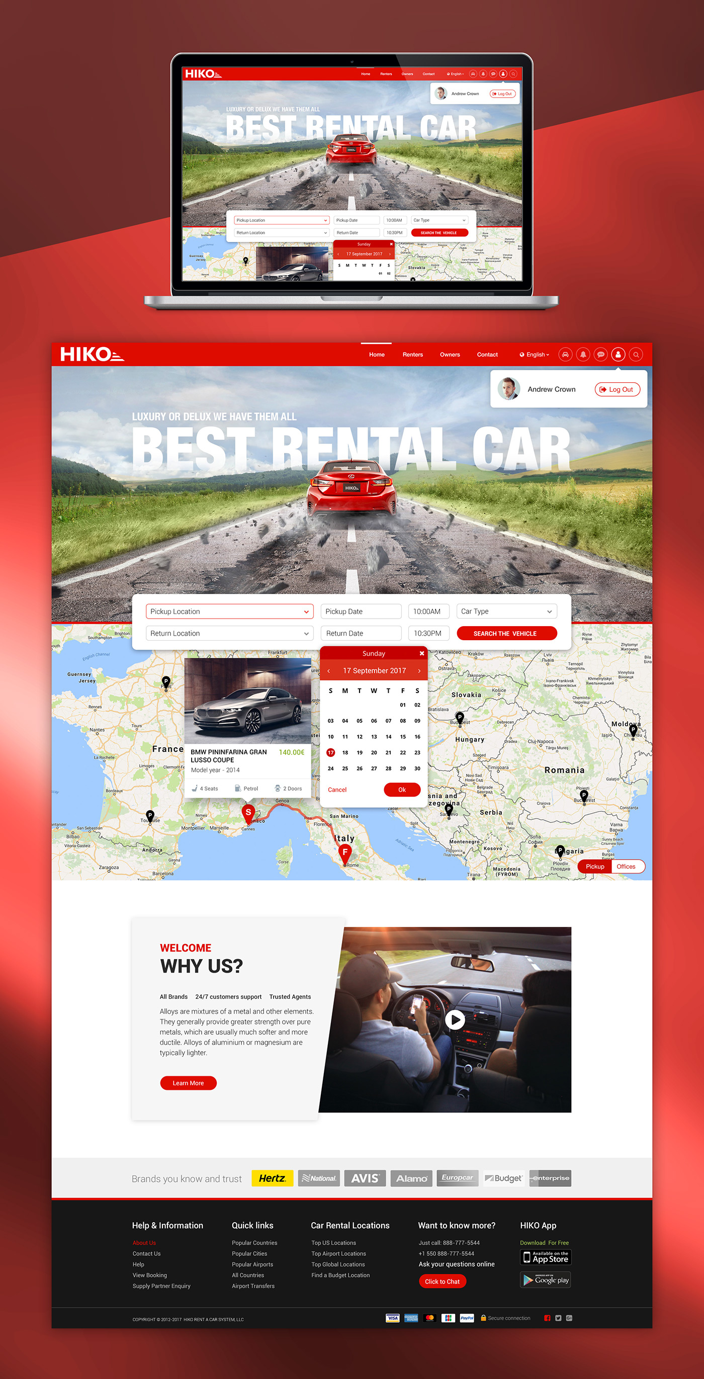 Webdesign Website map red car Auto UI Rent Booking landing