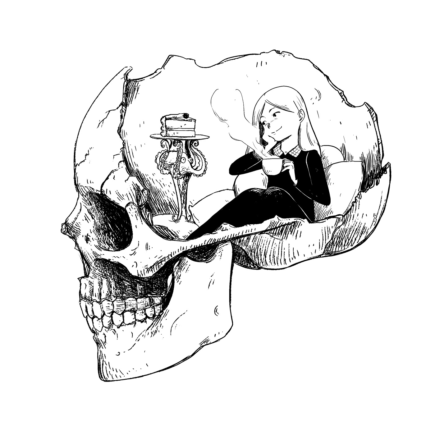 black and white darkart Food  gothic ILLUSTRATION  ink Lady lolita skull skullart