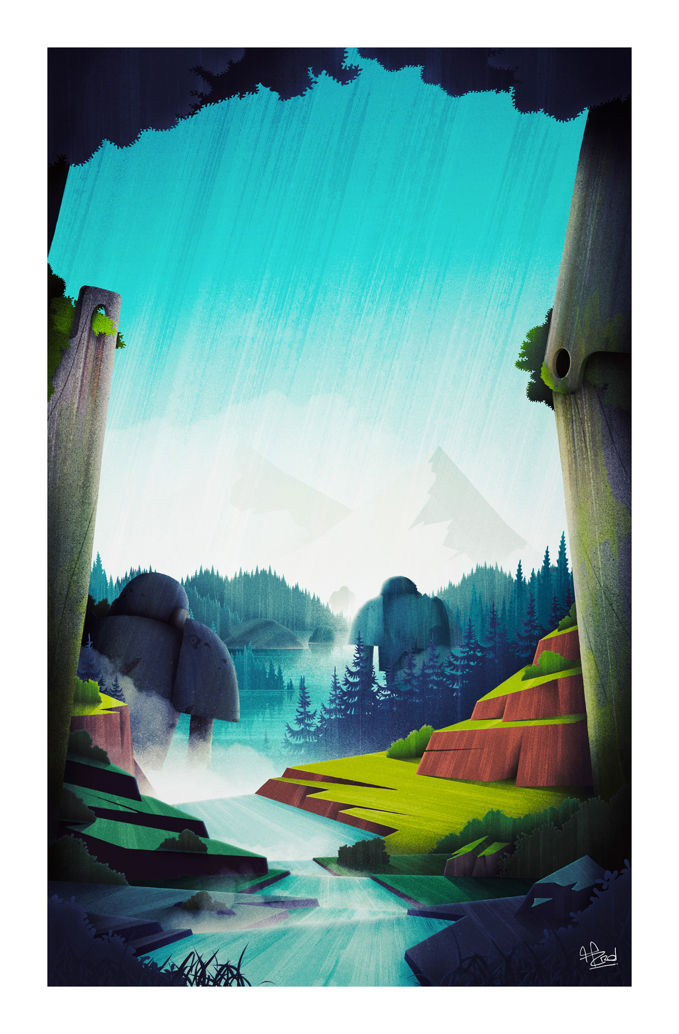 robot army off waterfall water forest Tree  legs flood ILLUSTRATION 