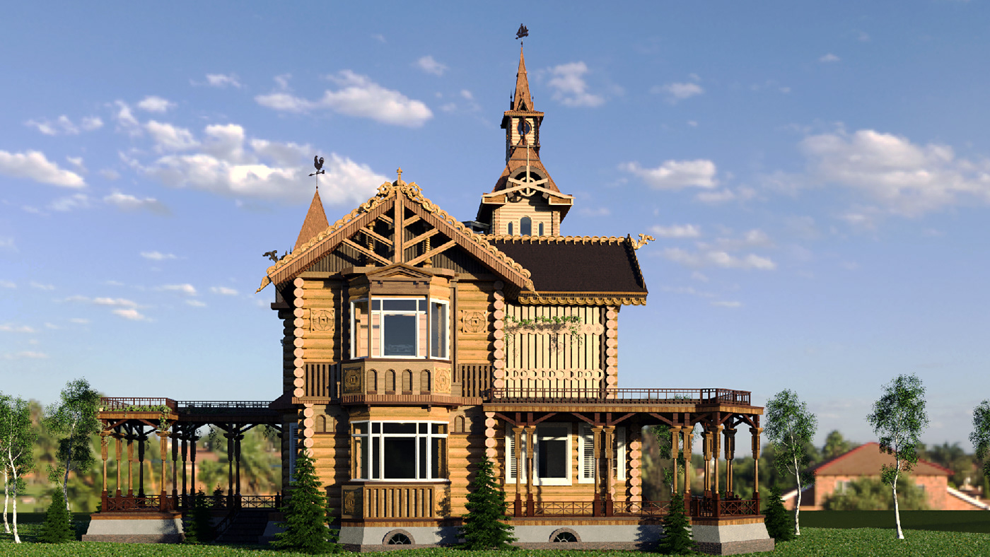 3d визуализация, рендер, старинный деревянный дом в русском стиле, 3d visualization, render, wood