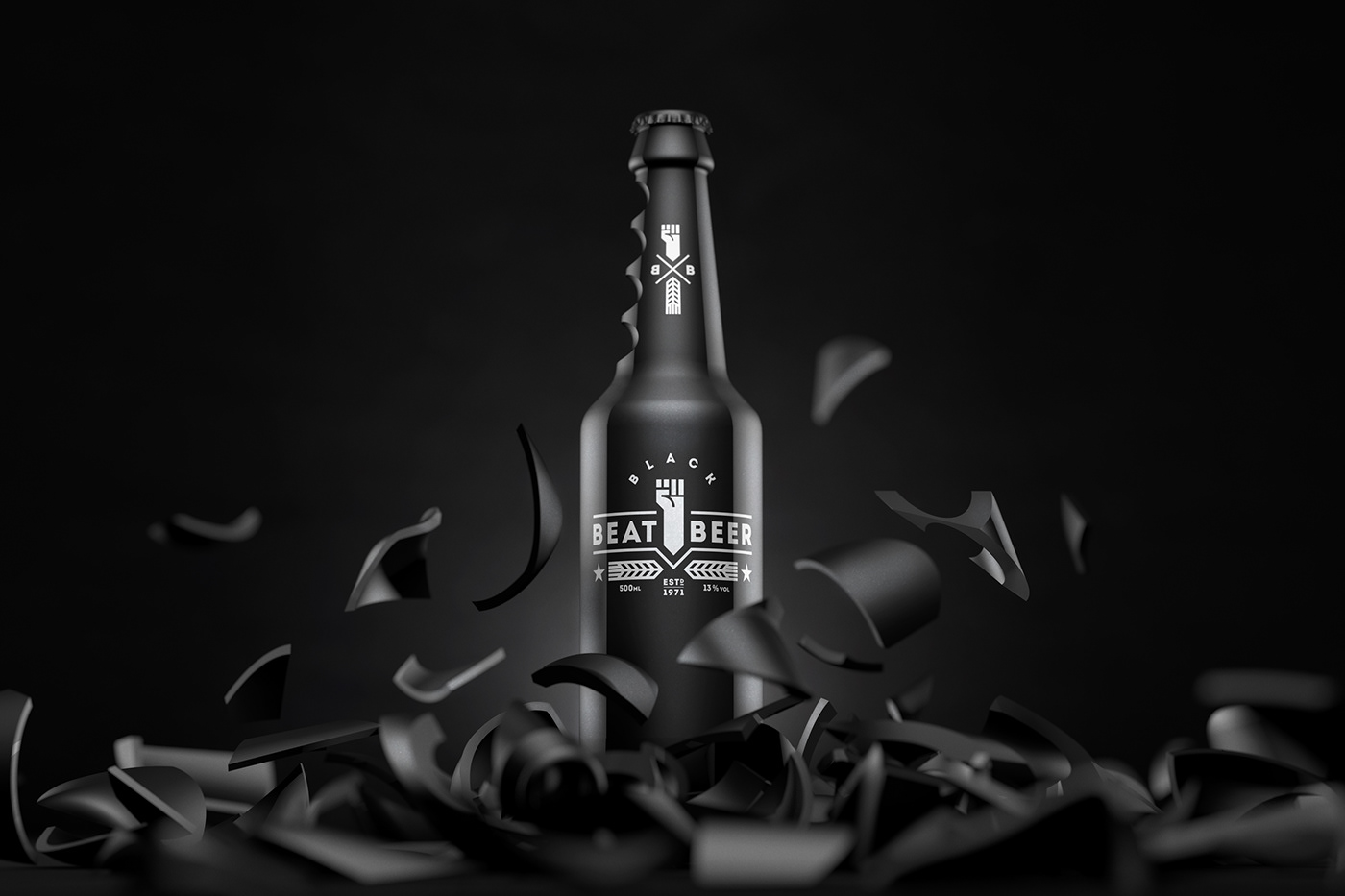 black and white dark beer Label 3D glass bottle simplicity BEAT packages