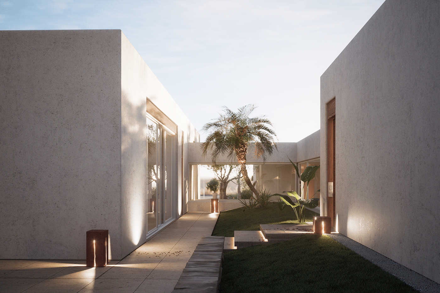 Soft atmospheric perspective of modern architecture featuring white buildings with wood and corten 