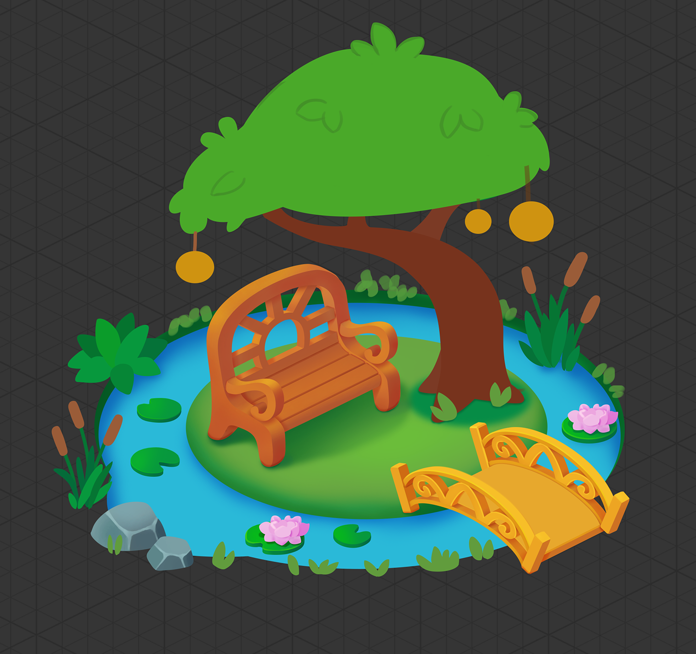 bench bush casual game environment Island Isometric pond props Tree  water