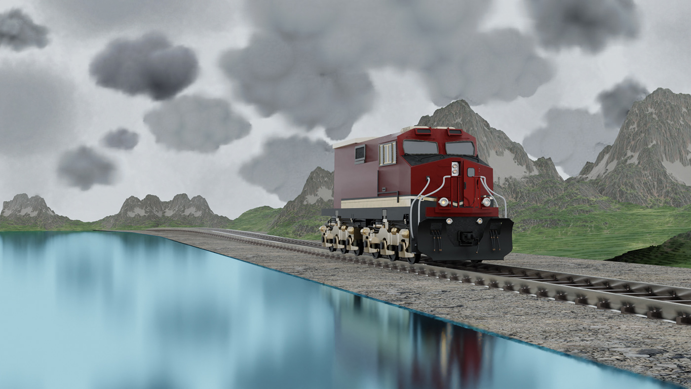 3D blender environment train mountain suburb river HardSurface modeling background artwork