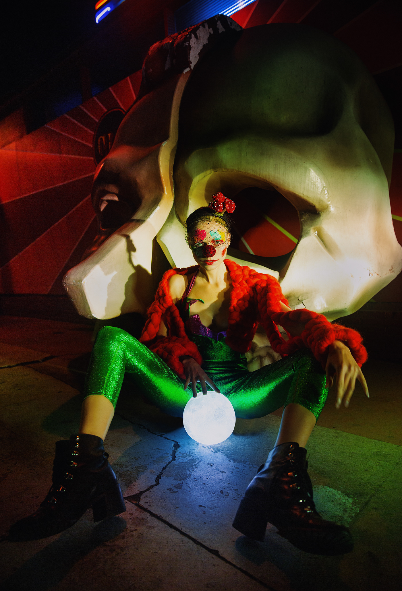Circus clown red neon avant-garde model art light night streets portrait
