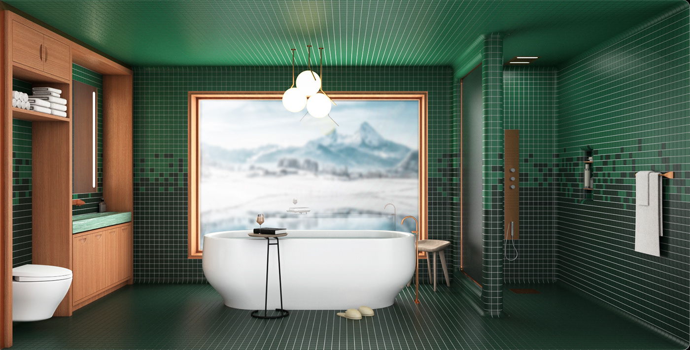 ceramic tile bathroom design master bath Residential Design tilework porcelain tile Mosaic Tile Flos architecture render rendering
