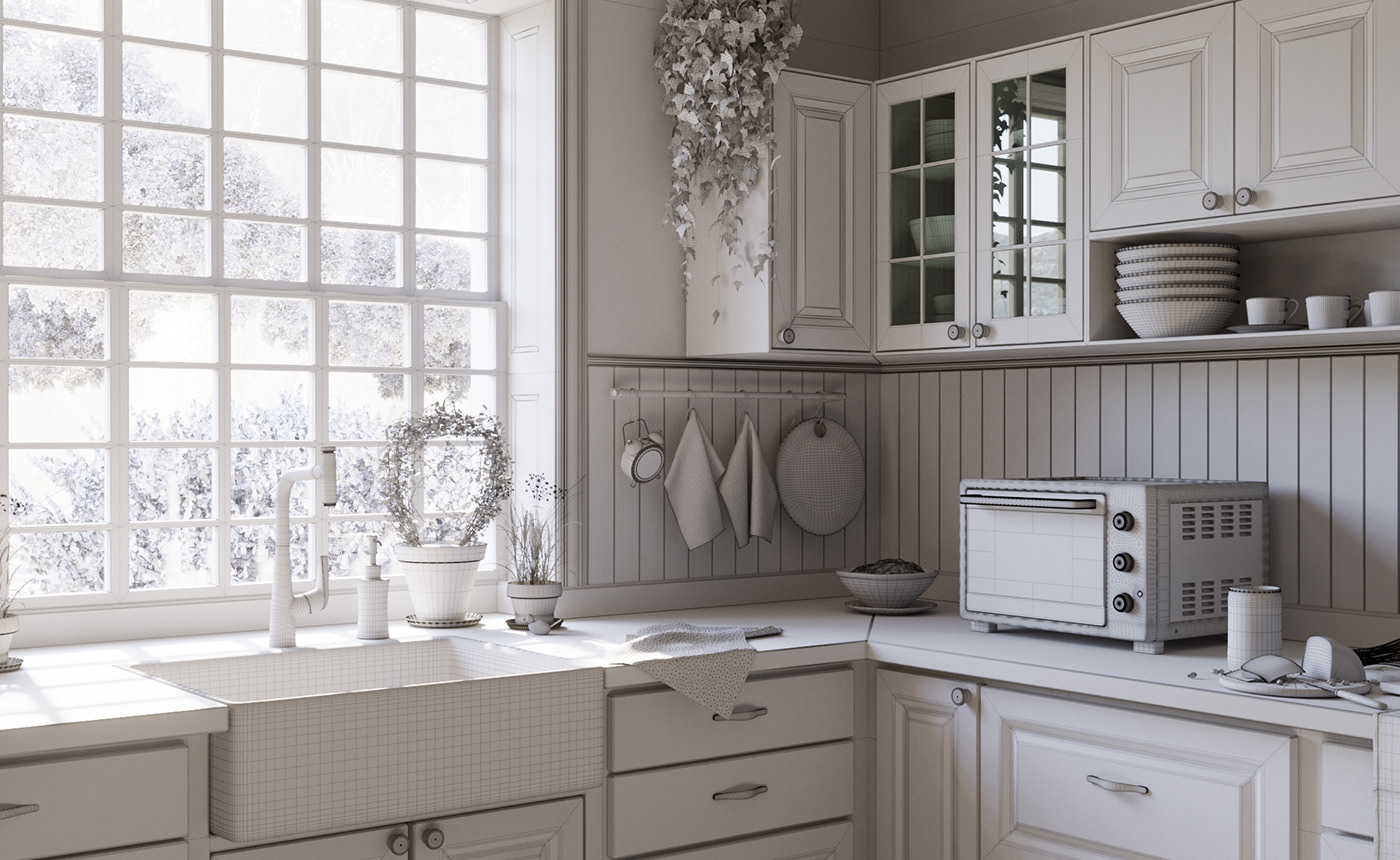 modeling oven visualization country house kitchen Interior design crockery green White wood