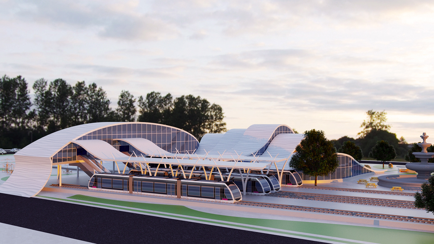 architecture CoronaRender  desing exteriordesing Interior Landscape RAILWAYSTATION revit train visualization