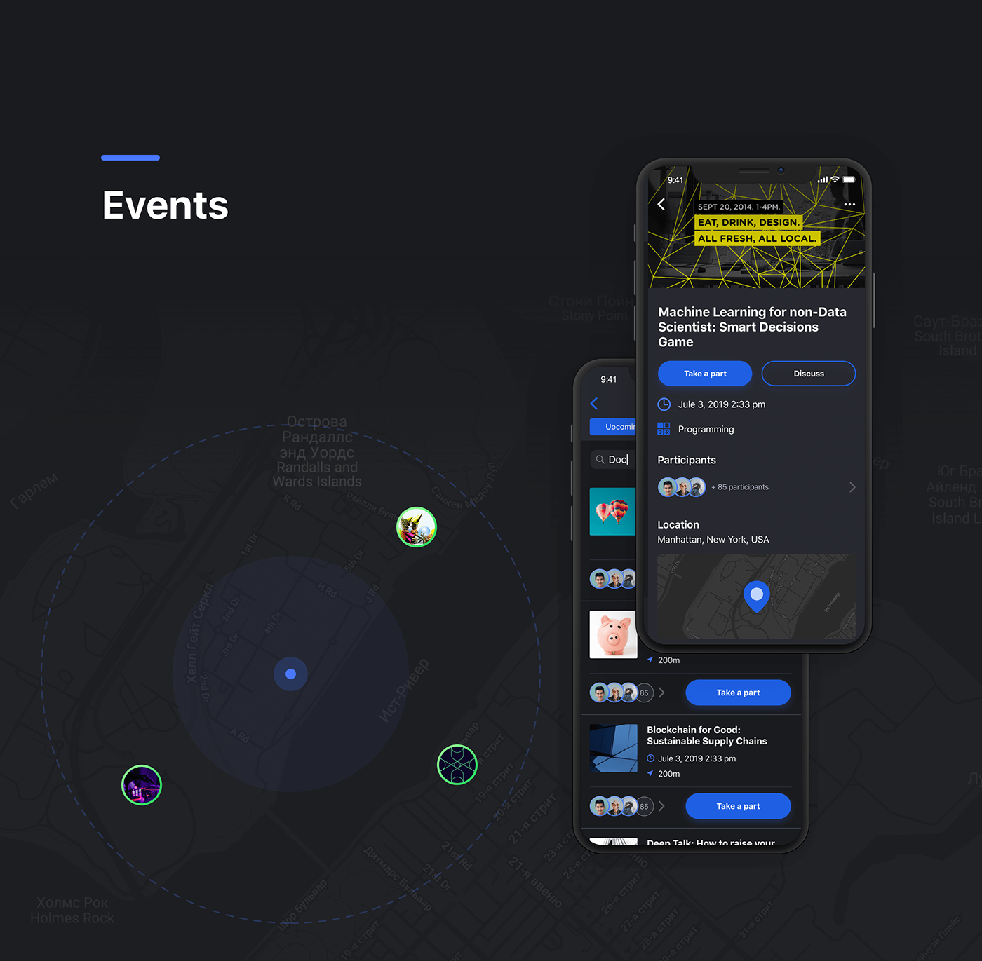 app ios map Chat dark UI ux blue