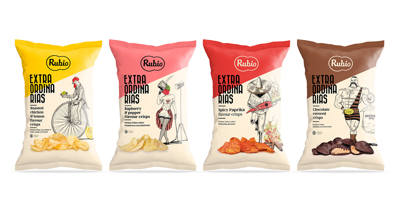 rubio Patatas fritas ilustracion extraordinarias Packaging sabores chips crips