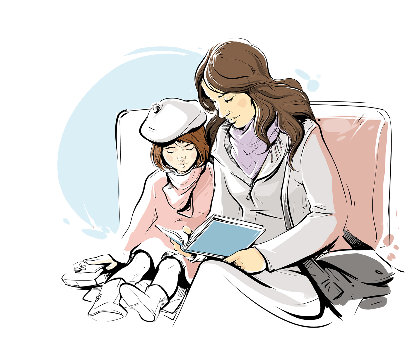child kid mother reading a book sitting sketch