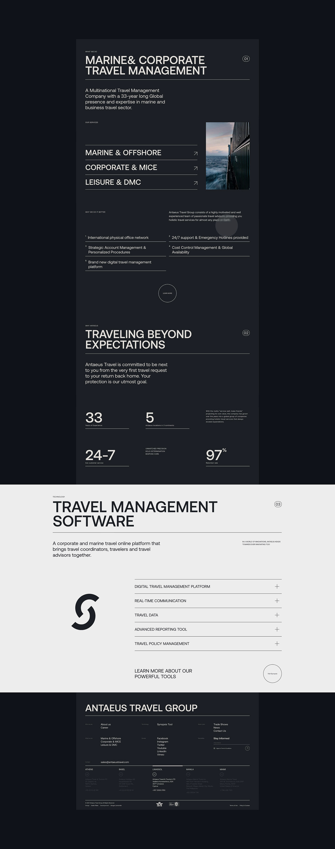 Travel travel agency corporate business darktheme black and white UI/UX Antaeus duocolor