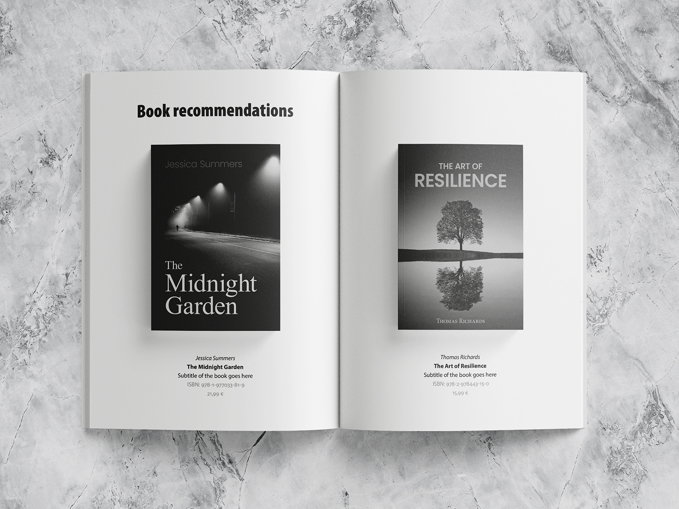 Book mockup – spread with 2 recommended books with their ISBN, number, title, author