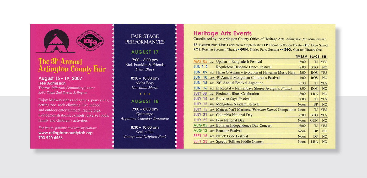 al fresco Arlington brochure Calendar of Events Cultural Affairs graphic design  Layout music program print design  Schedule of Events