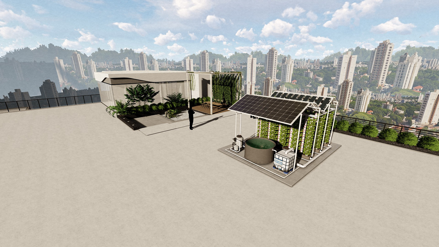 aquaponics system concept design greenhouse Outdoor rooftop garden Vertical Farming concept Solar energy