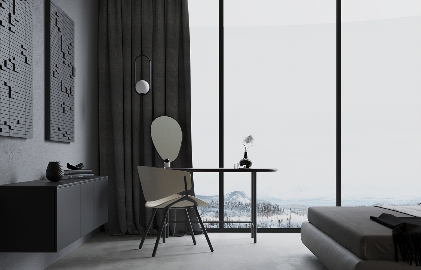 3dsmax black corona Interior minimalizm winter