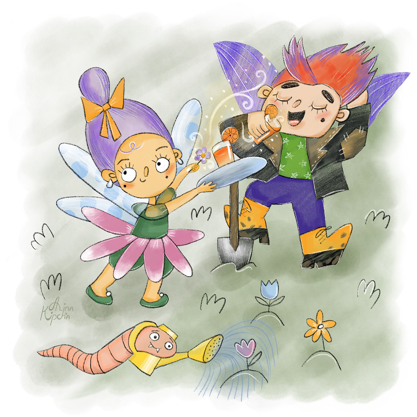 Character design  book illustration Digital Art  children book fairy narrative scene bug worm Flowers domestica