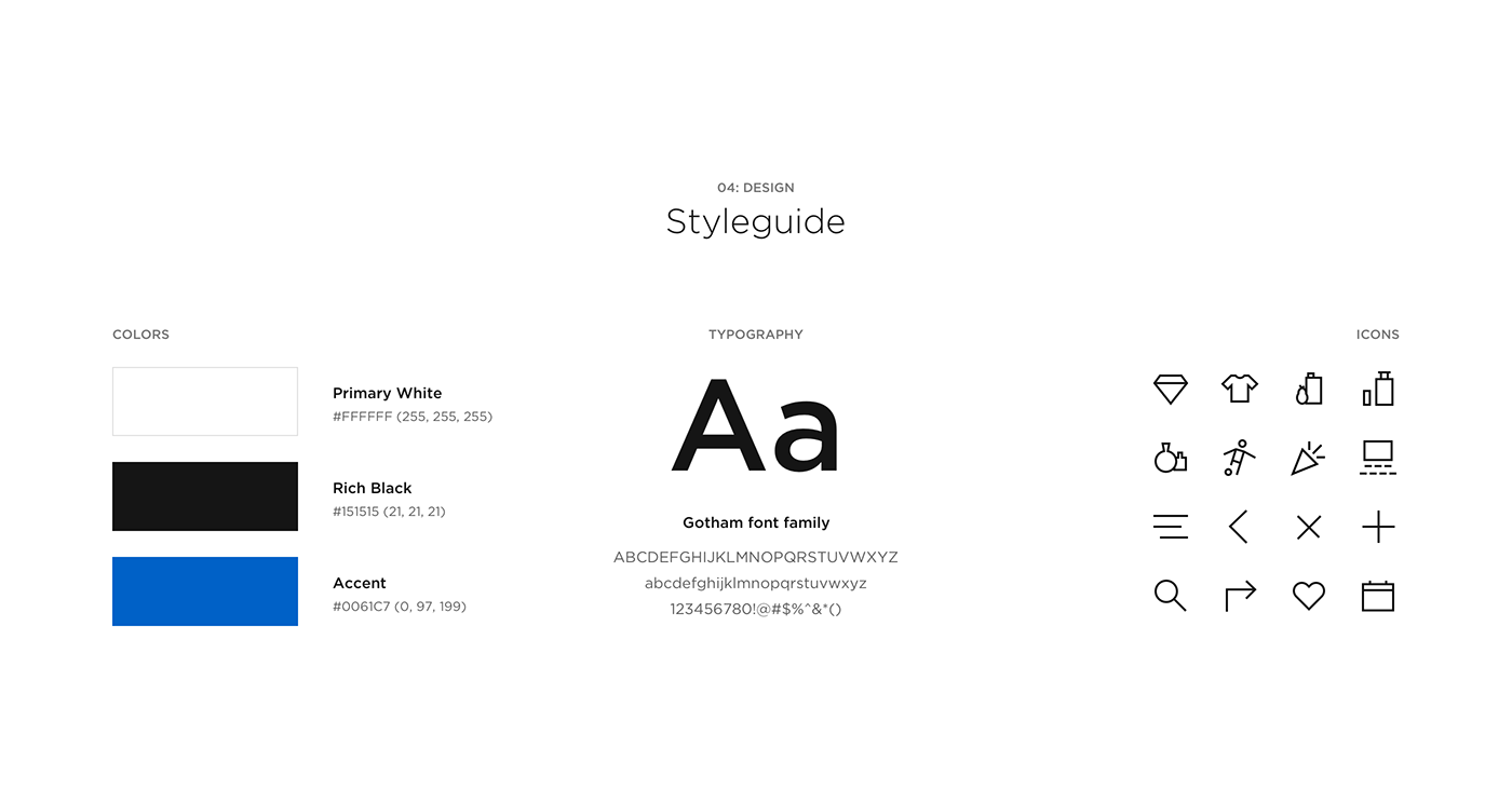 Design – Styleguide overview with chosen colors pallette, typography (Gotham) and icons style.