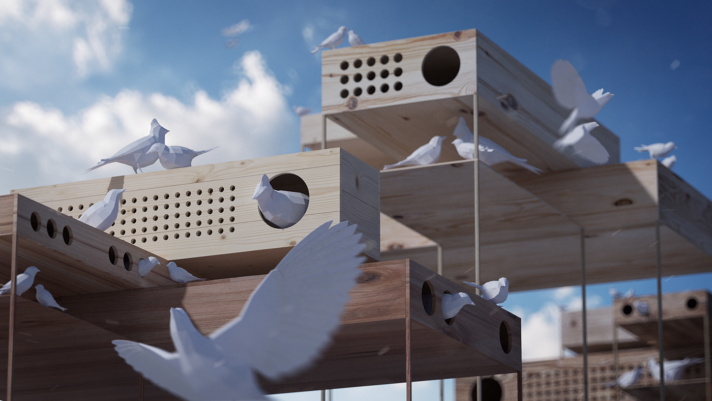 wood paper bird Birdhouse daylight redshift Render concept conceptart texture