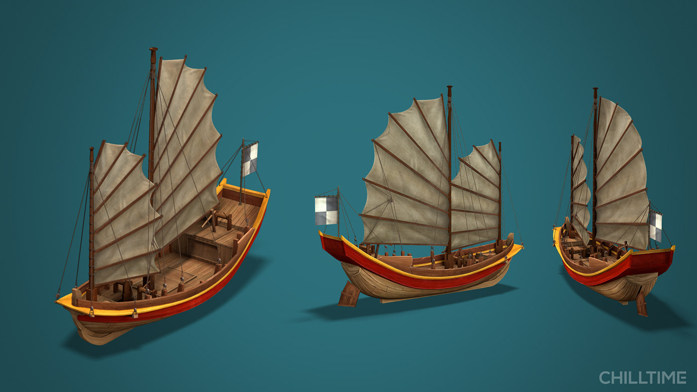 3D Render boat ship cog junk raft digital handpainted blender