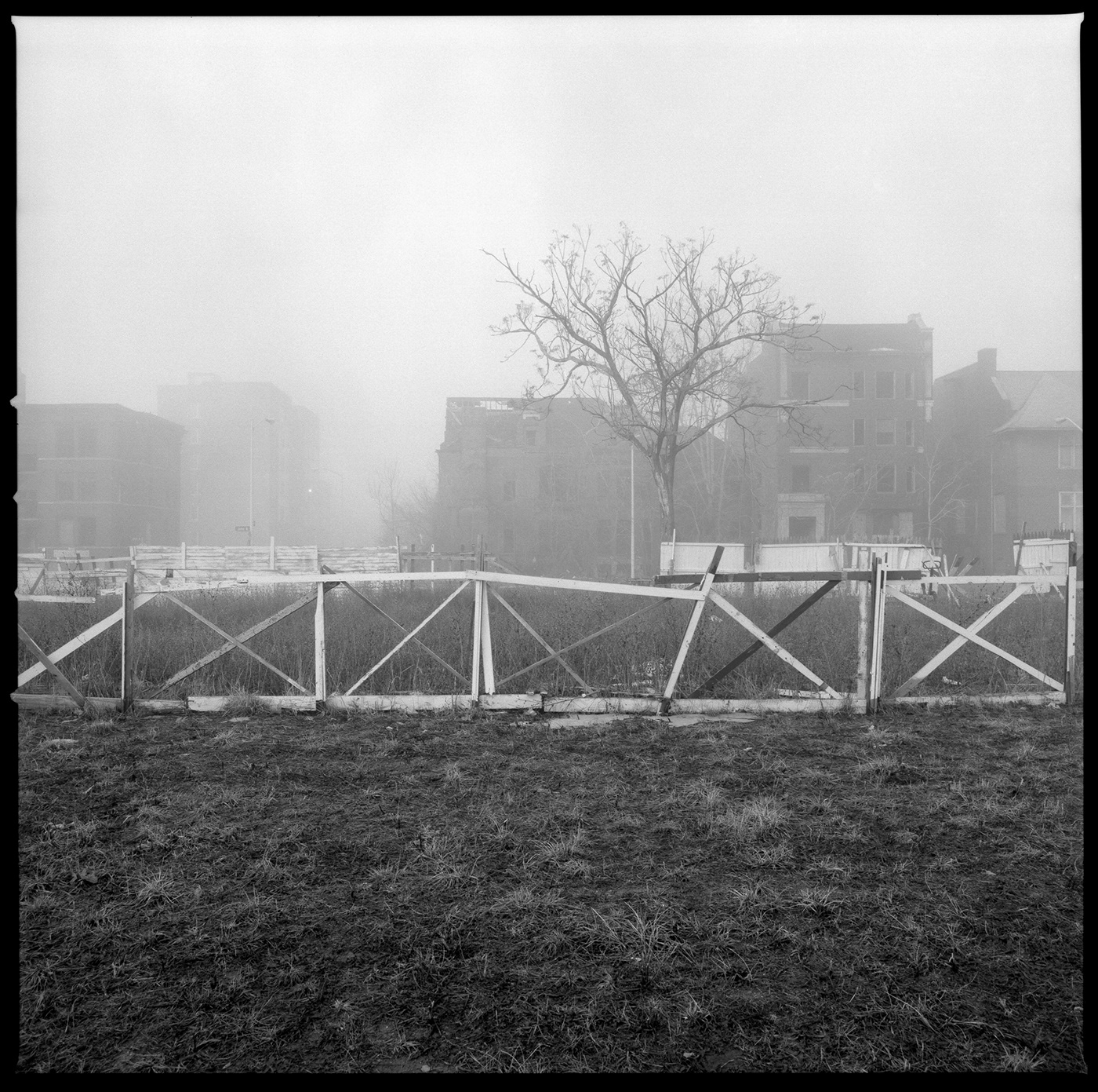 The Brush Park neighborhood, in the fog, in Detroit, Michigan