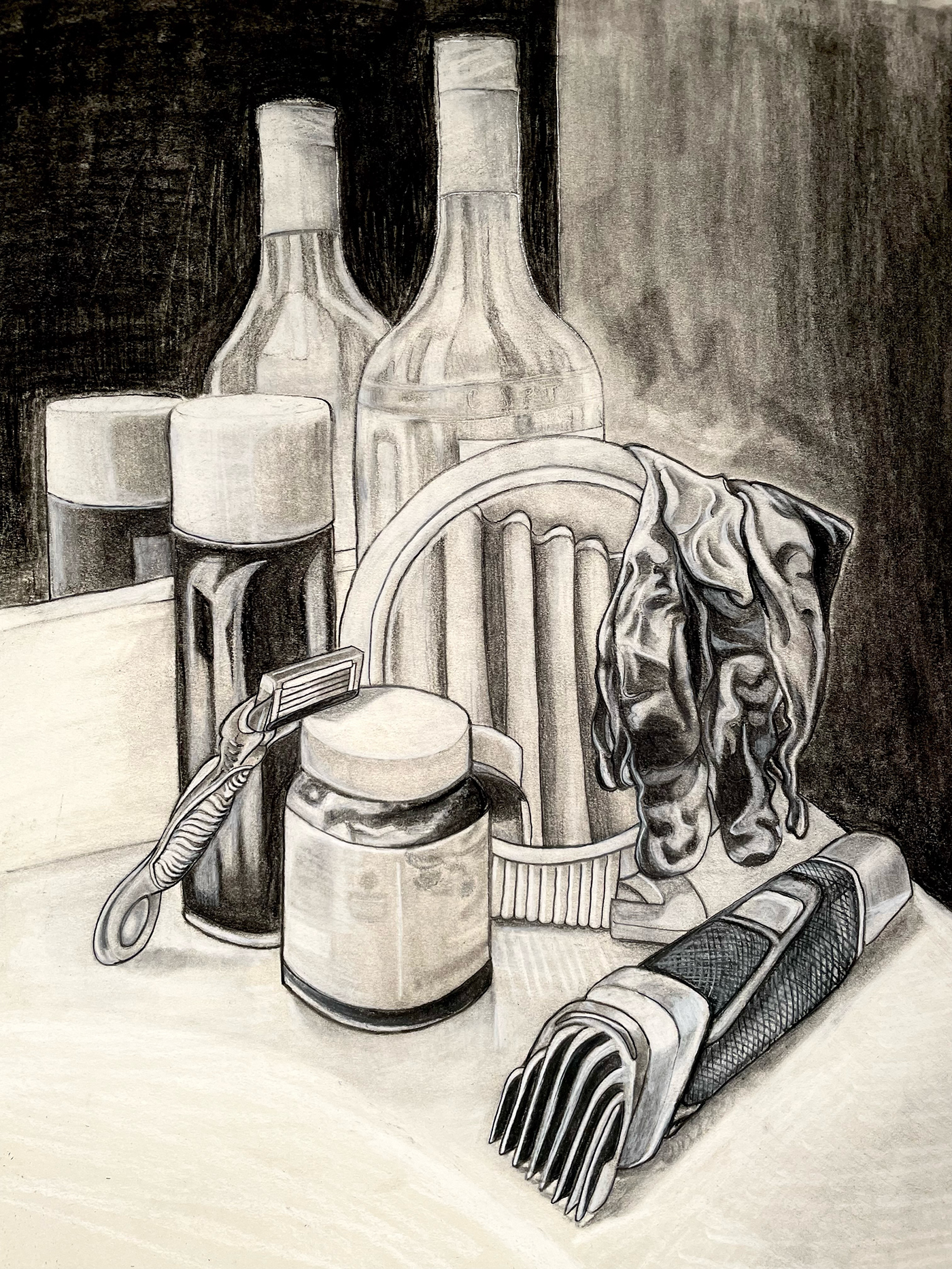 Drawing  TRADITIONAL ART charcoal still life shaving bottle mirror Razor