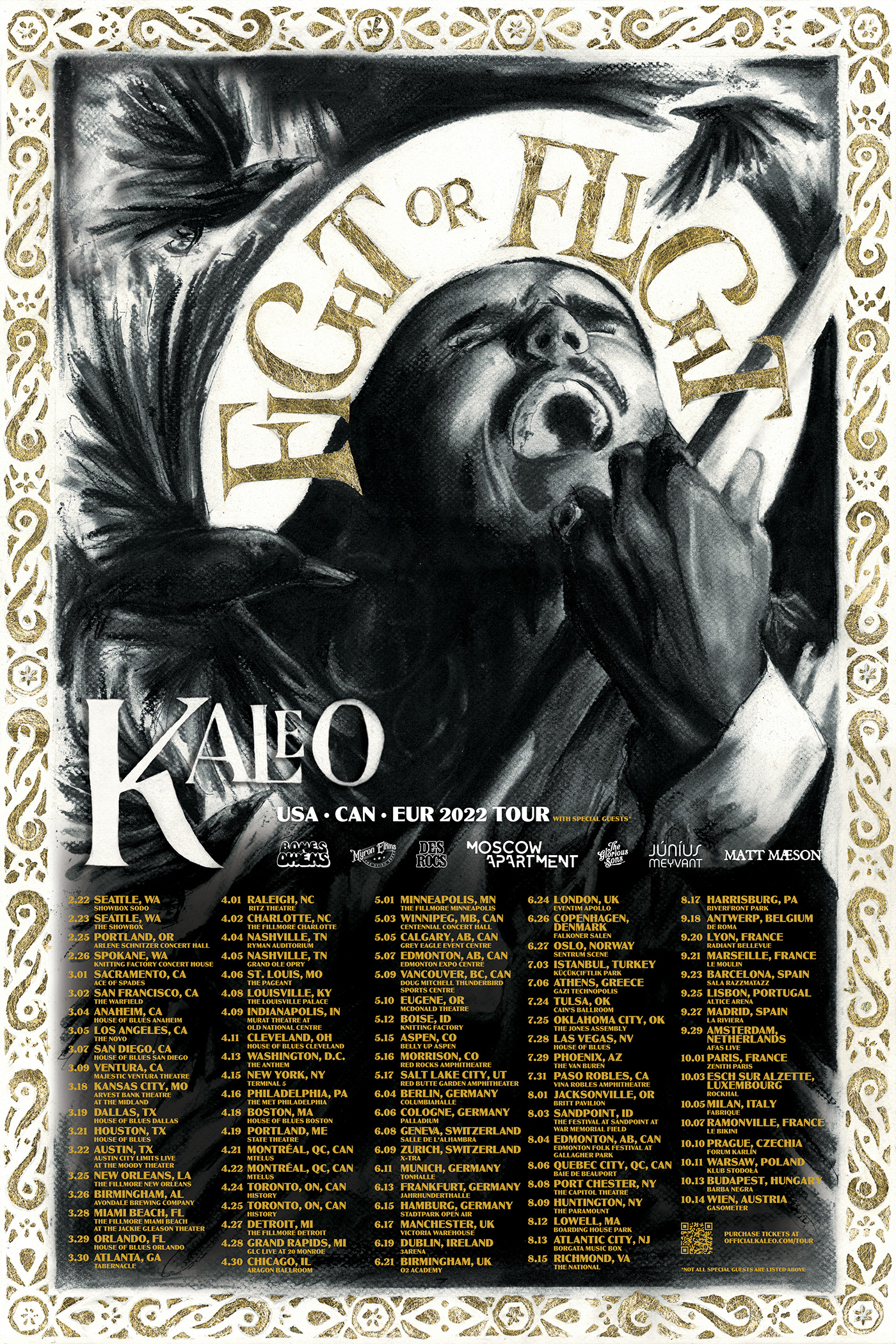 band Charcoal Drawing goldleaf kaleo music Poster Design ravens tour posters