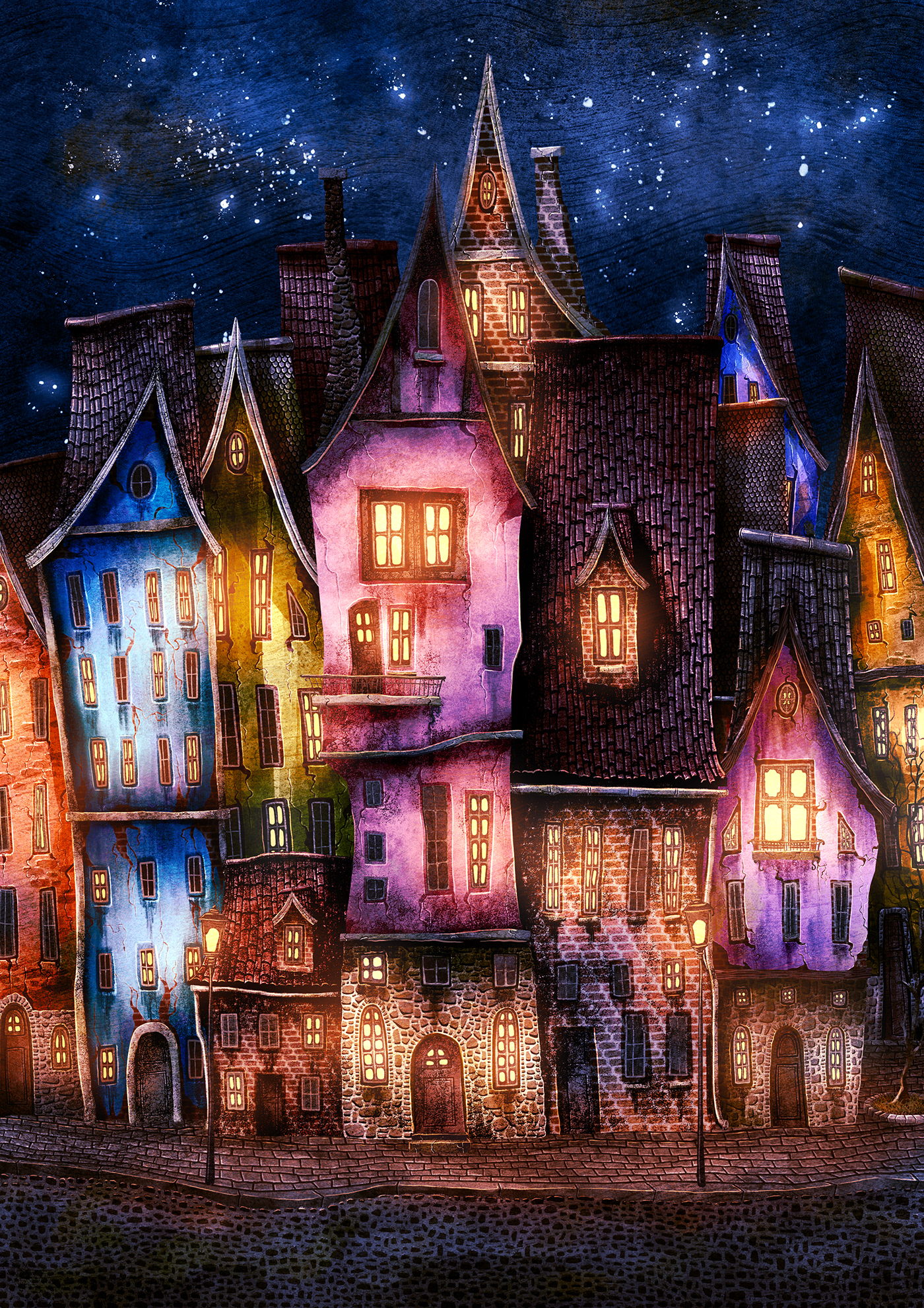 city lights night house cozy ILLUSTRATION  Digital Art  digital illustration historic concept art
