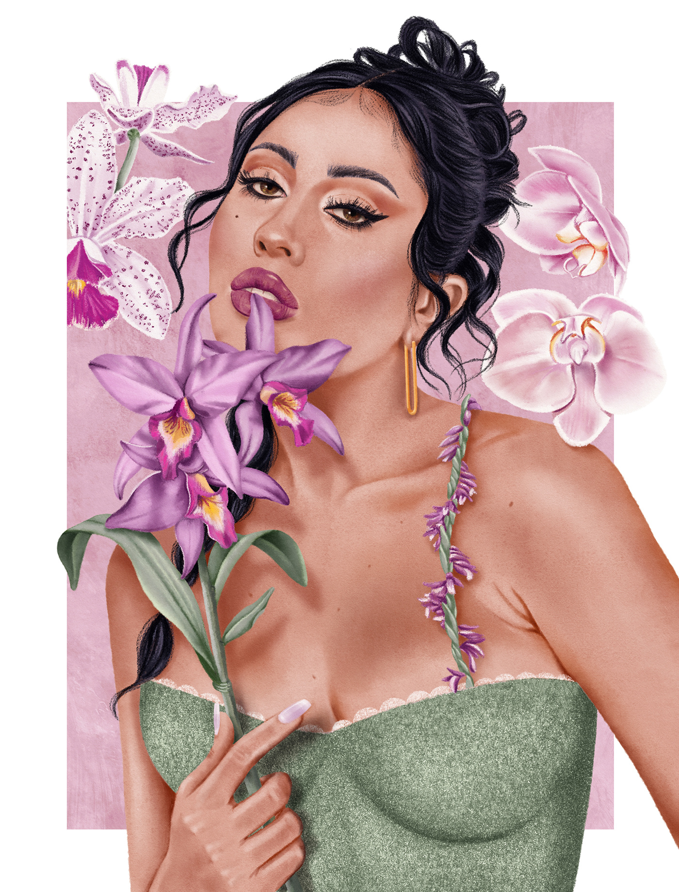 illustration portrait kali uchis Orquídeas Flowers magazine digital painting latina music colombia rolling stone