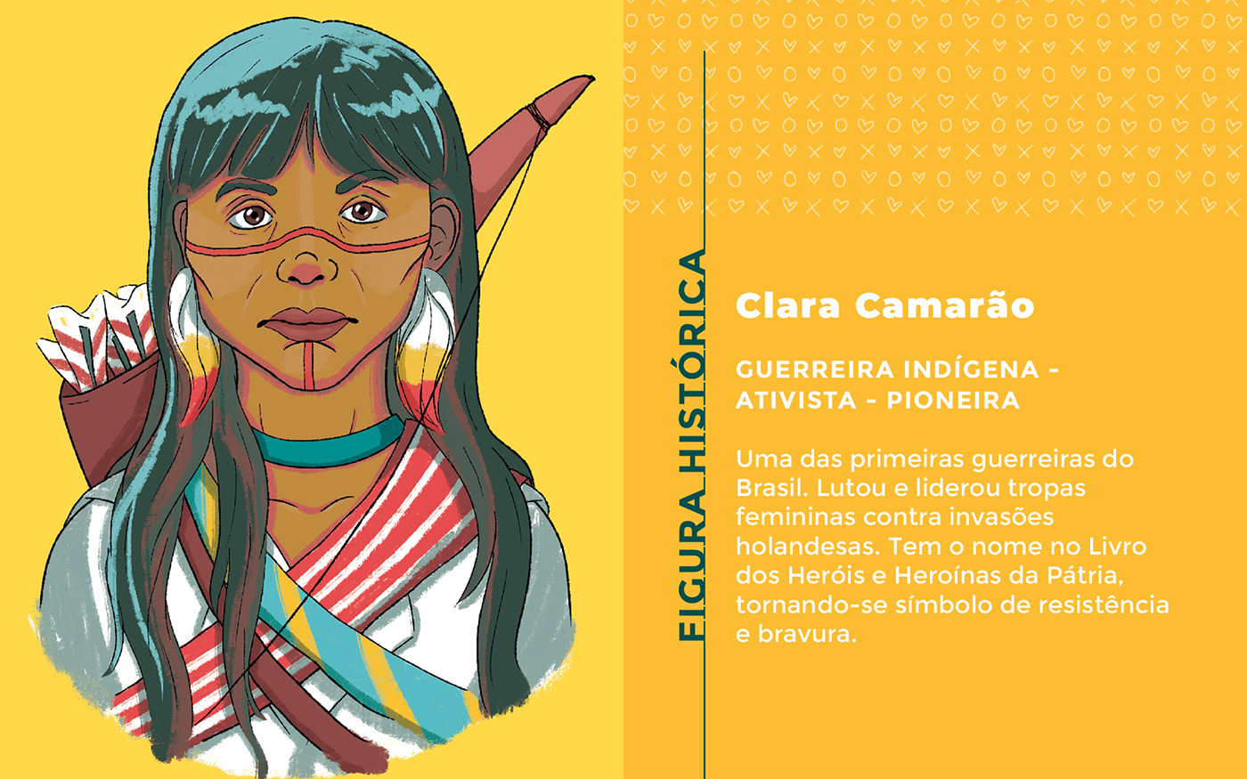 An illustrated portrait of  Clara Camarão, a historical indigenous warrior from Brasil.

