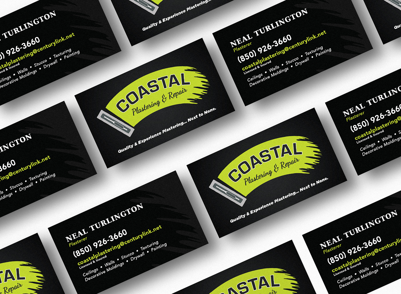 Business card design for Coastal Plastering & Repair. Shows main logo on a black background.
