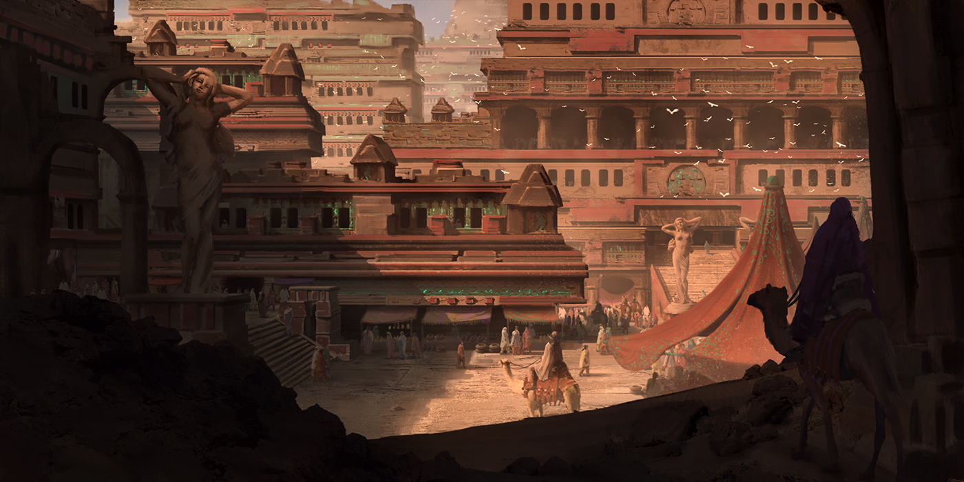 2D fantasy desert market concept art arid temple Ancient