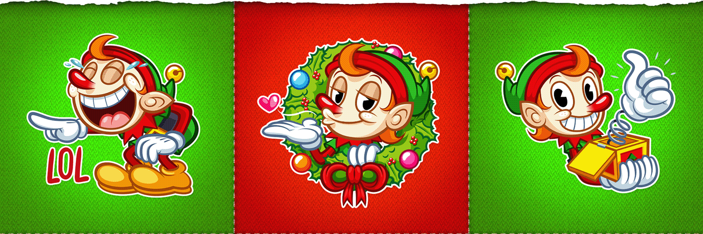 cartoon Character design  Christmas elf emotions messenger new year stickers Telegram vector