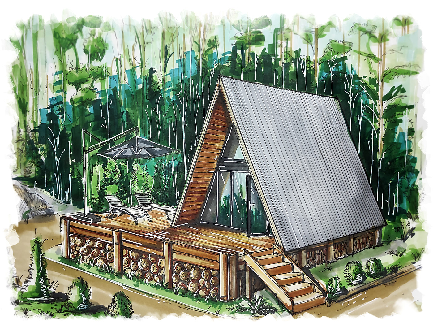 Sketch A of a house that was built in the forest.