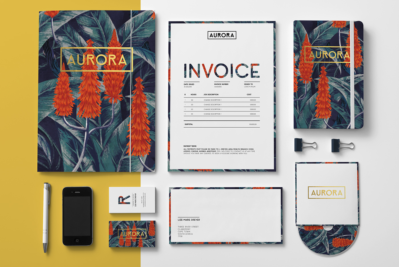 Corporate Identity identity Business Cards letterhead floral aloe jungle gold foiling Ps25Under25 adobeillustrators clean brand illustrated branding 