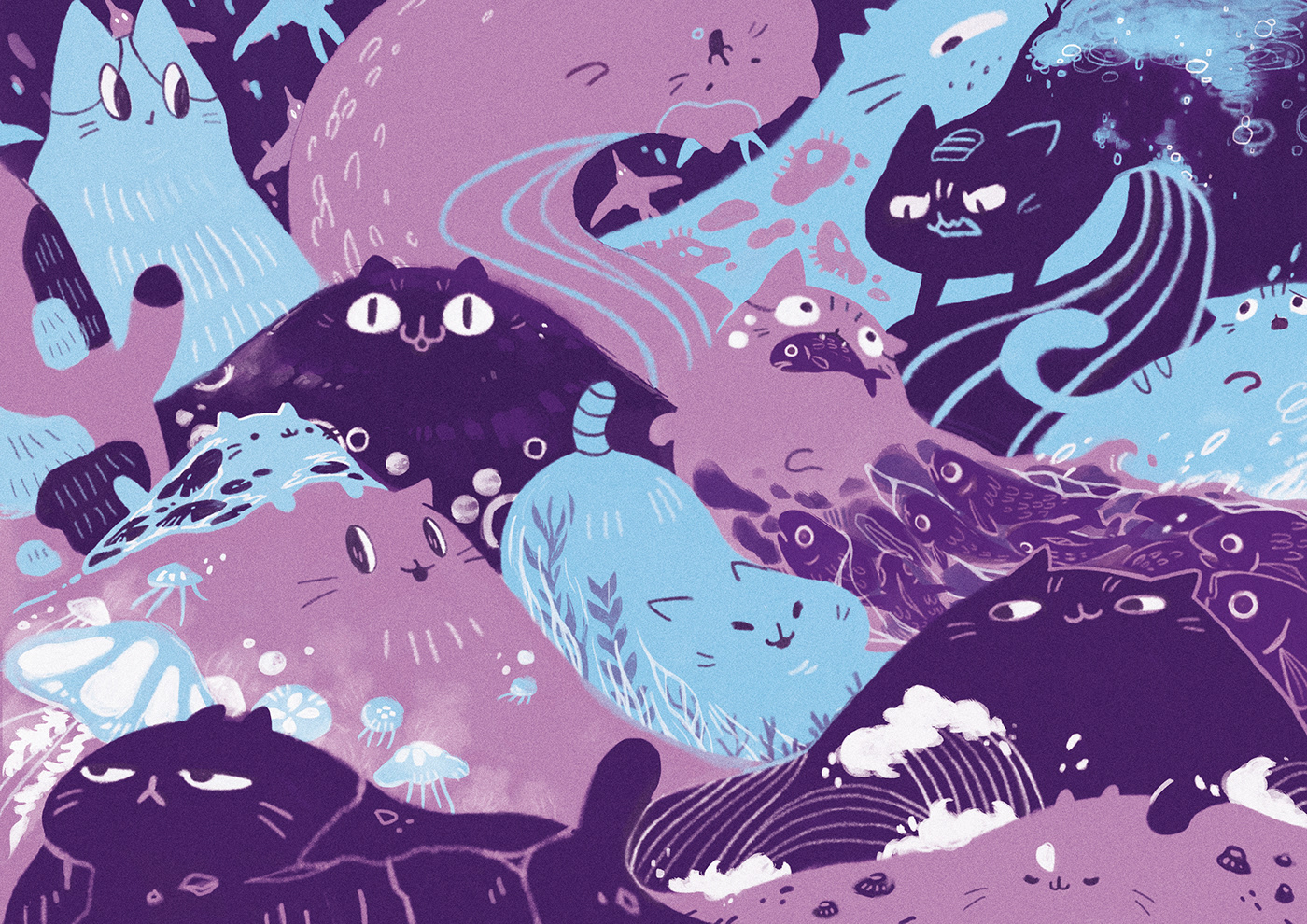 Cat Ocean ILLUSTRATION  purple