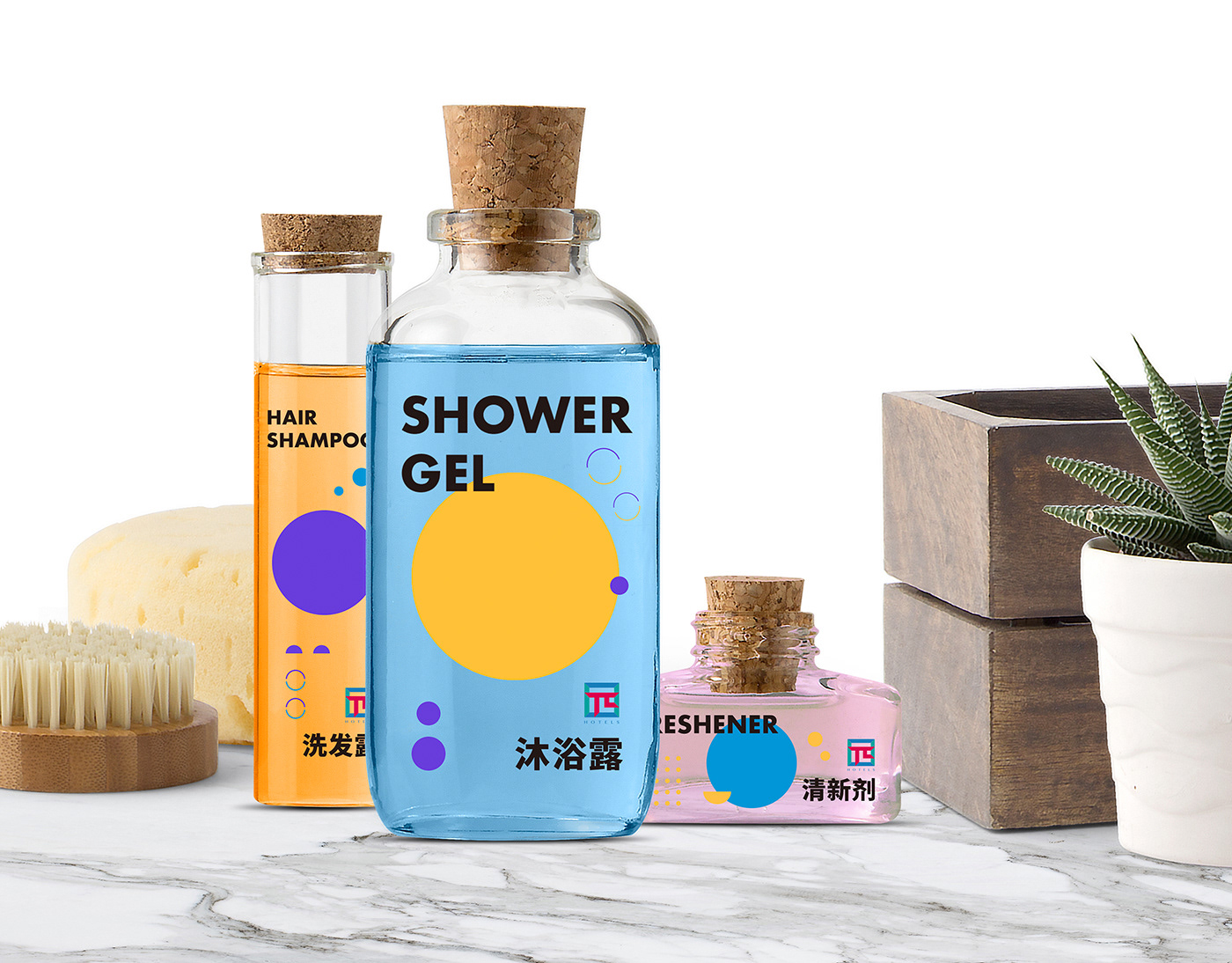 hotel identity Logotype VI visual Mockup shampoo shower gel room slogan