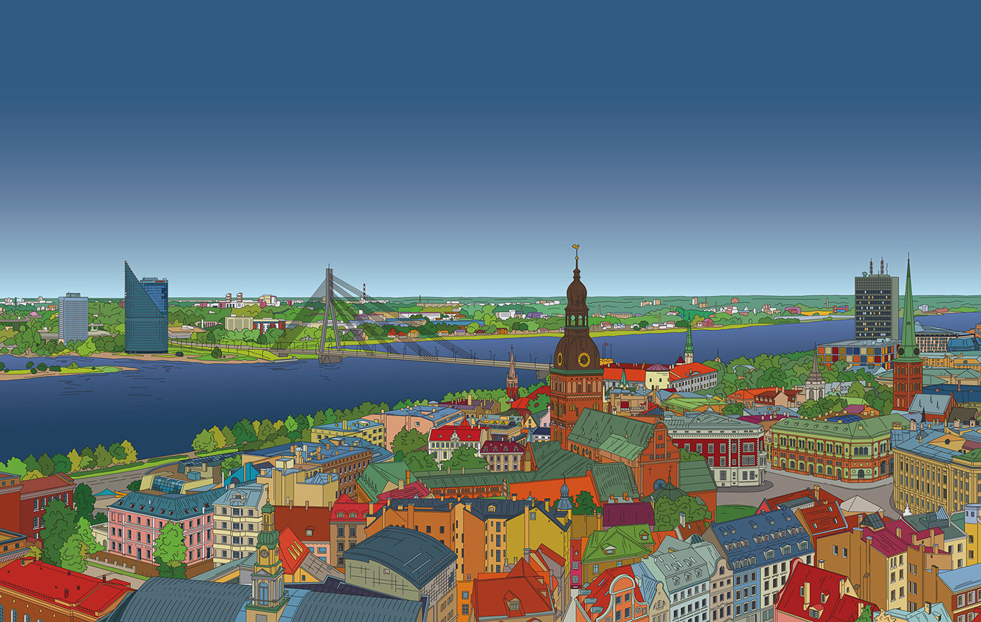 Riga Latvia vector panorama cityscape Drawing  magazine lineart spread art