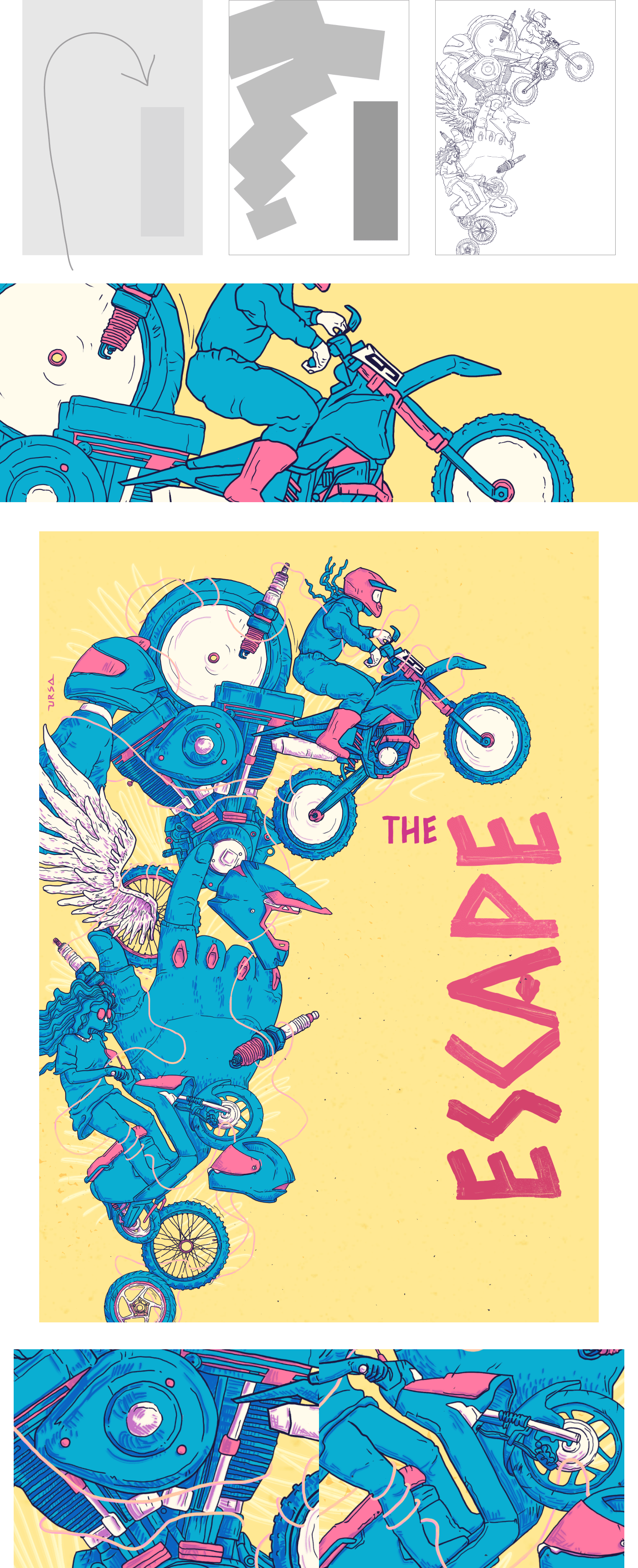 adrenaline Adventure Time Dangerous escape jumping Motocross motogirl motorcycle psychedelic art posterdesign